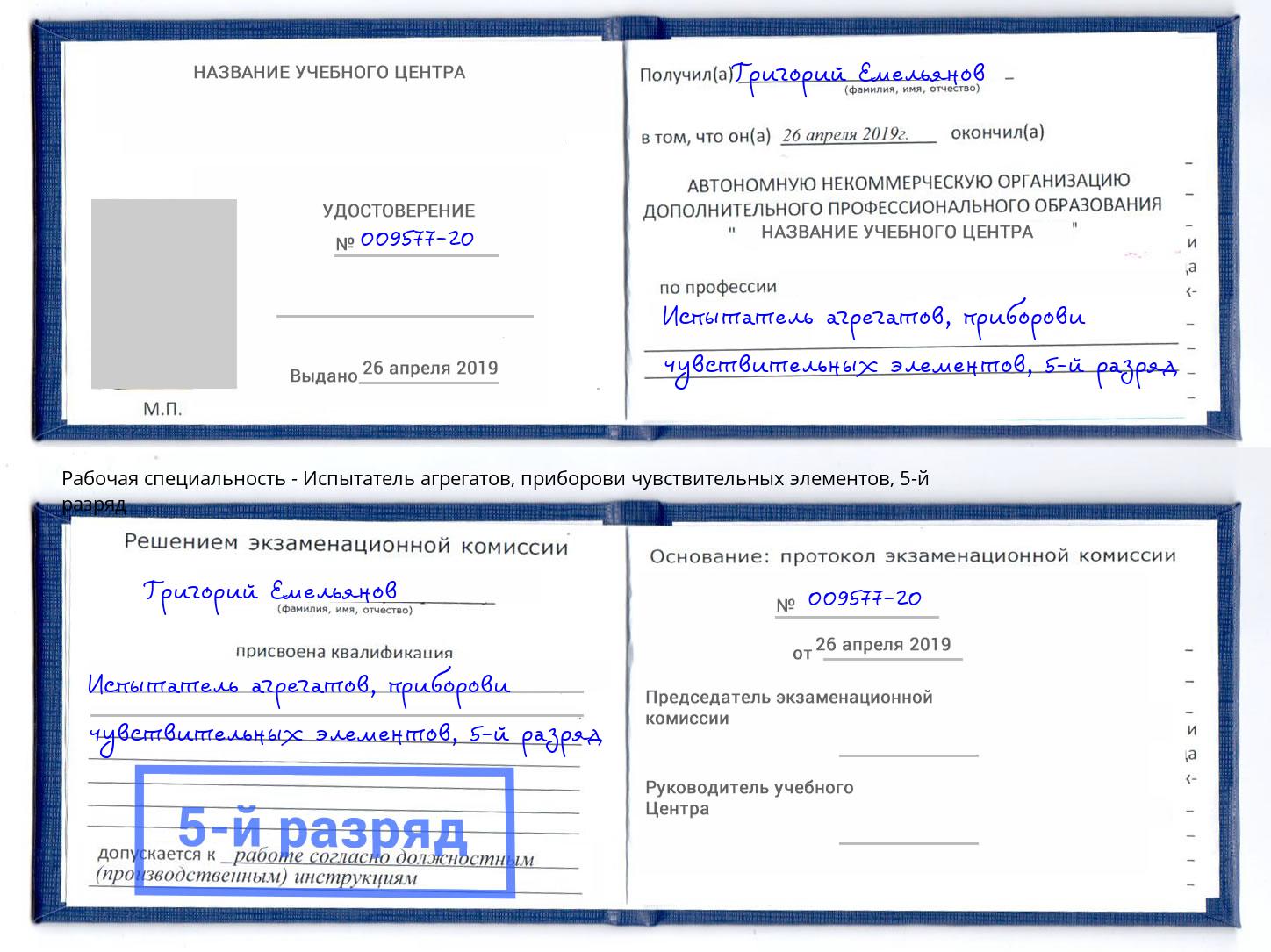 корочка 5-й разряд Испытатель агрегатов, приборови чувствительных элементов Энгельс