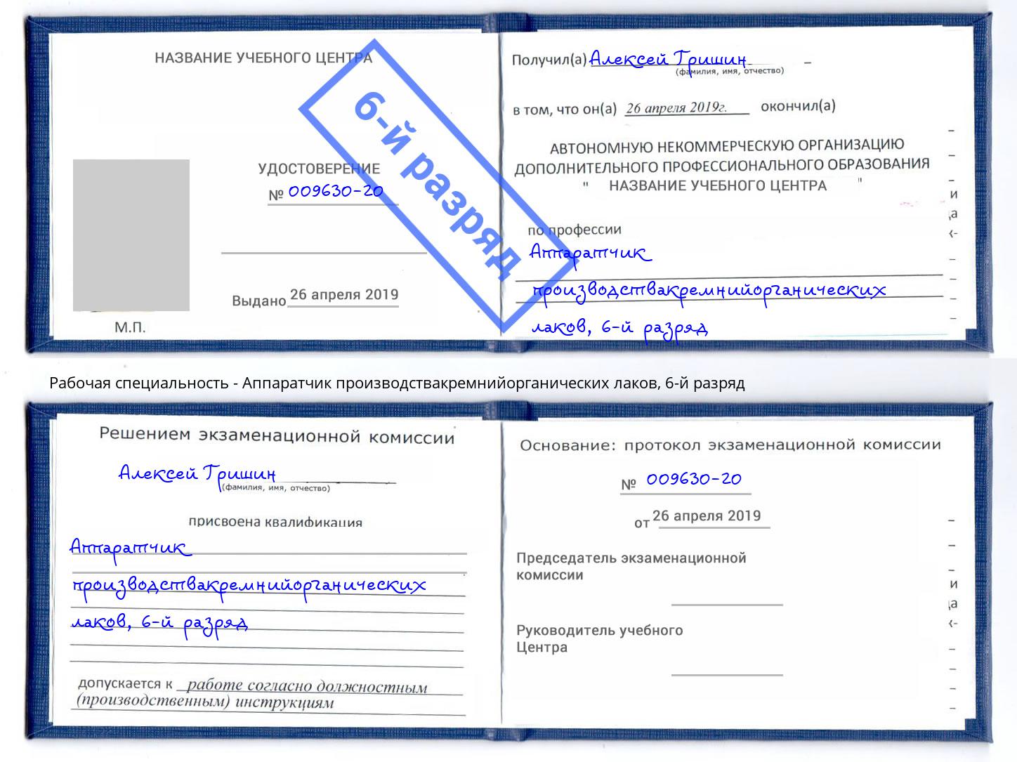 корочка 6-й разряд Аппаратчик производствакремнийорганических лаков Энгельс