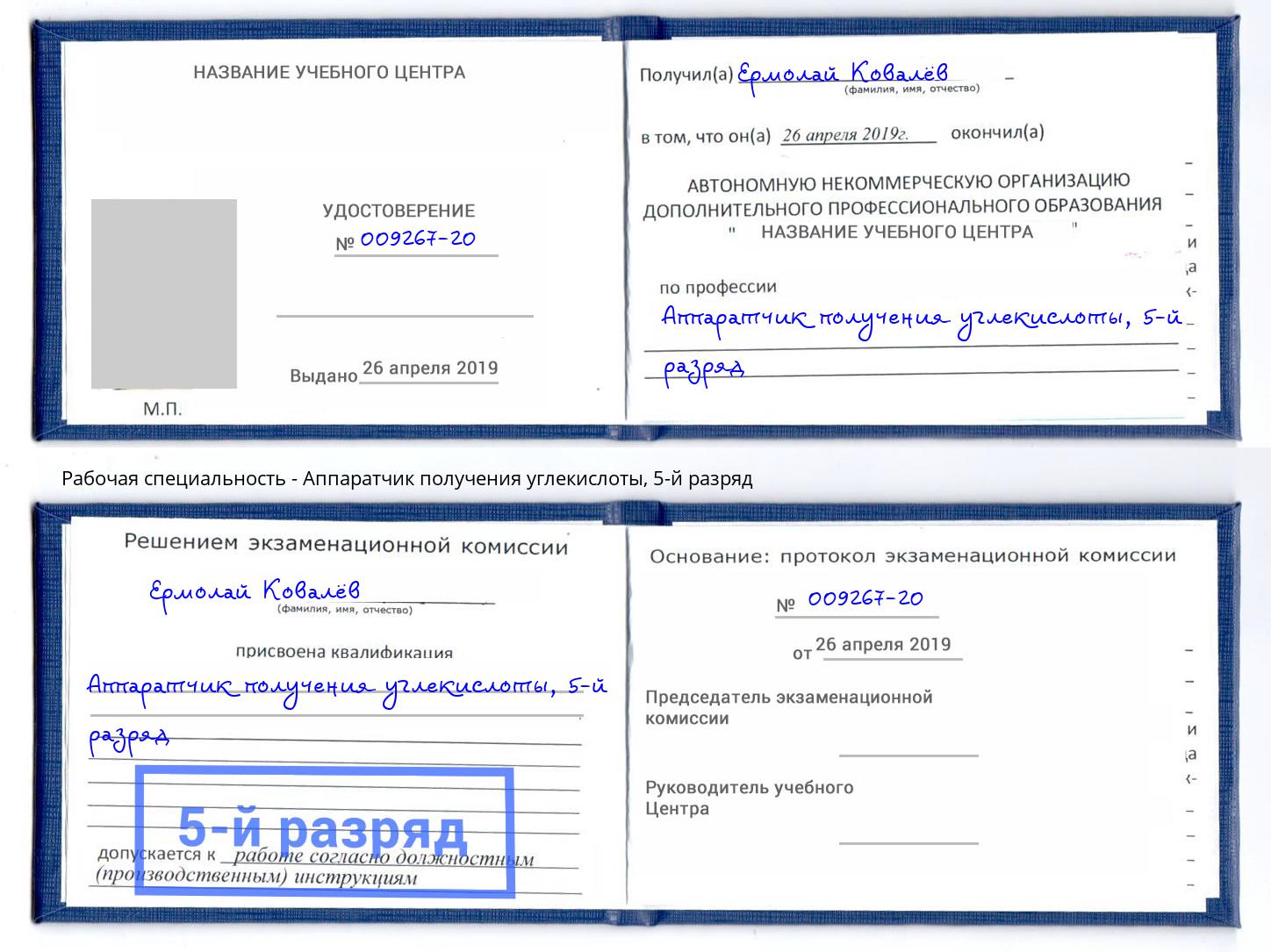 корочка 5-й разряд Аппаратчик получения углекислоты Энгельс