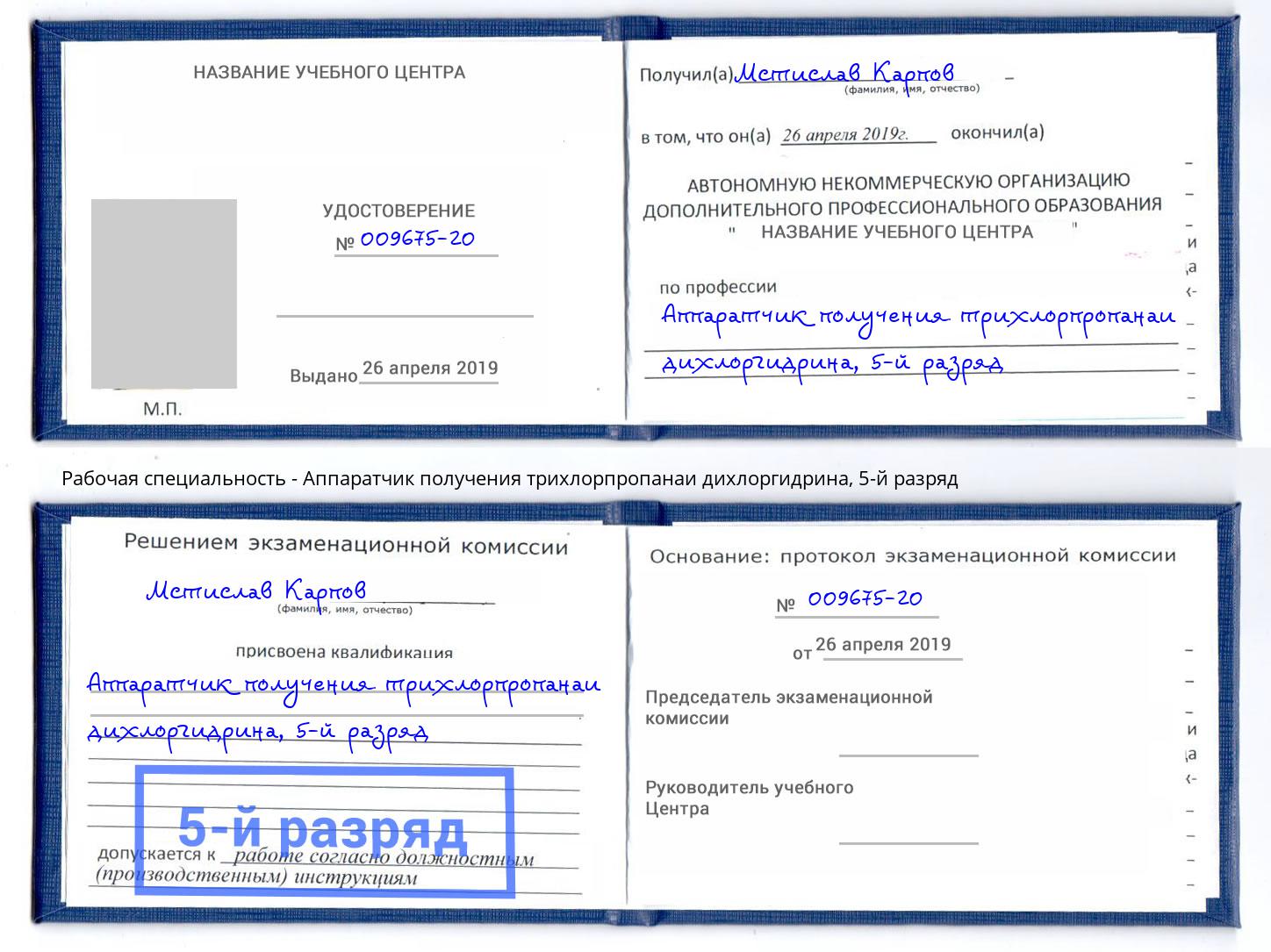 корочка 5-й разряд Аппаратчик получения трихлорпропанаи дихлоргидрина Энгельс